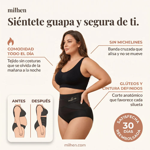 Mujer con la braguita faja moldeadora de talle alto negra de Milhen