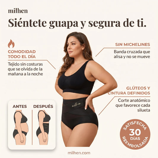 Mujer con la braguita faja moldeadora de talle alto negra de Milhen