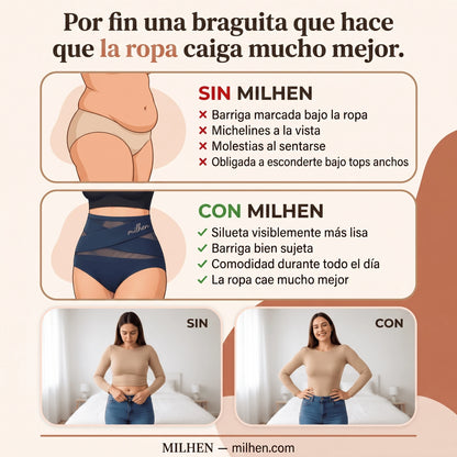 Comparativa sin y con Milhen: silueta visiblemente más lisa bajo la ropa