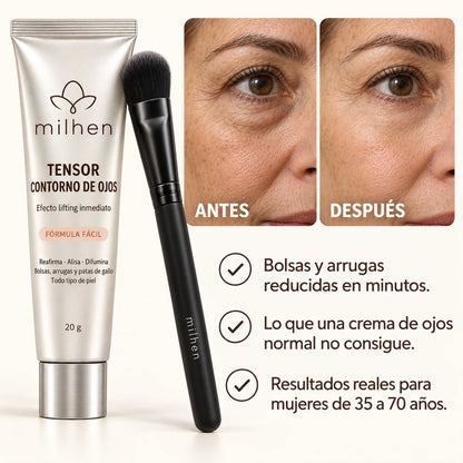 Tensor Contorno de Ojos Milhen con pincel aplicador, antes y después