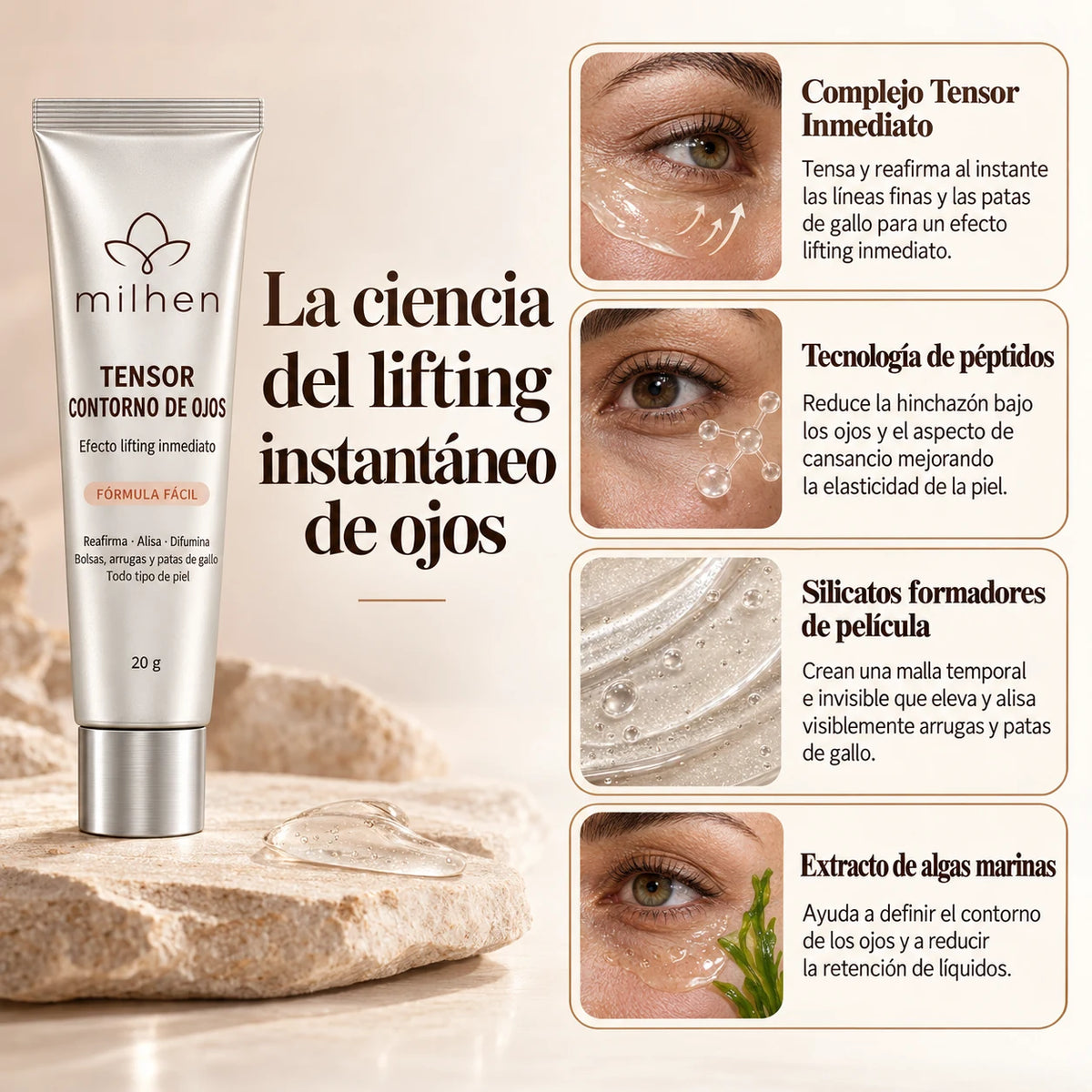 La ciencia del lifting instantáneo de ojos: ingredientes del Tensor Contorno de Ojos