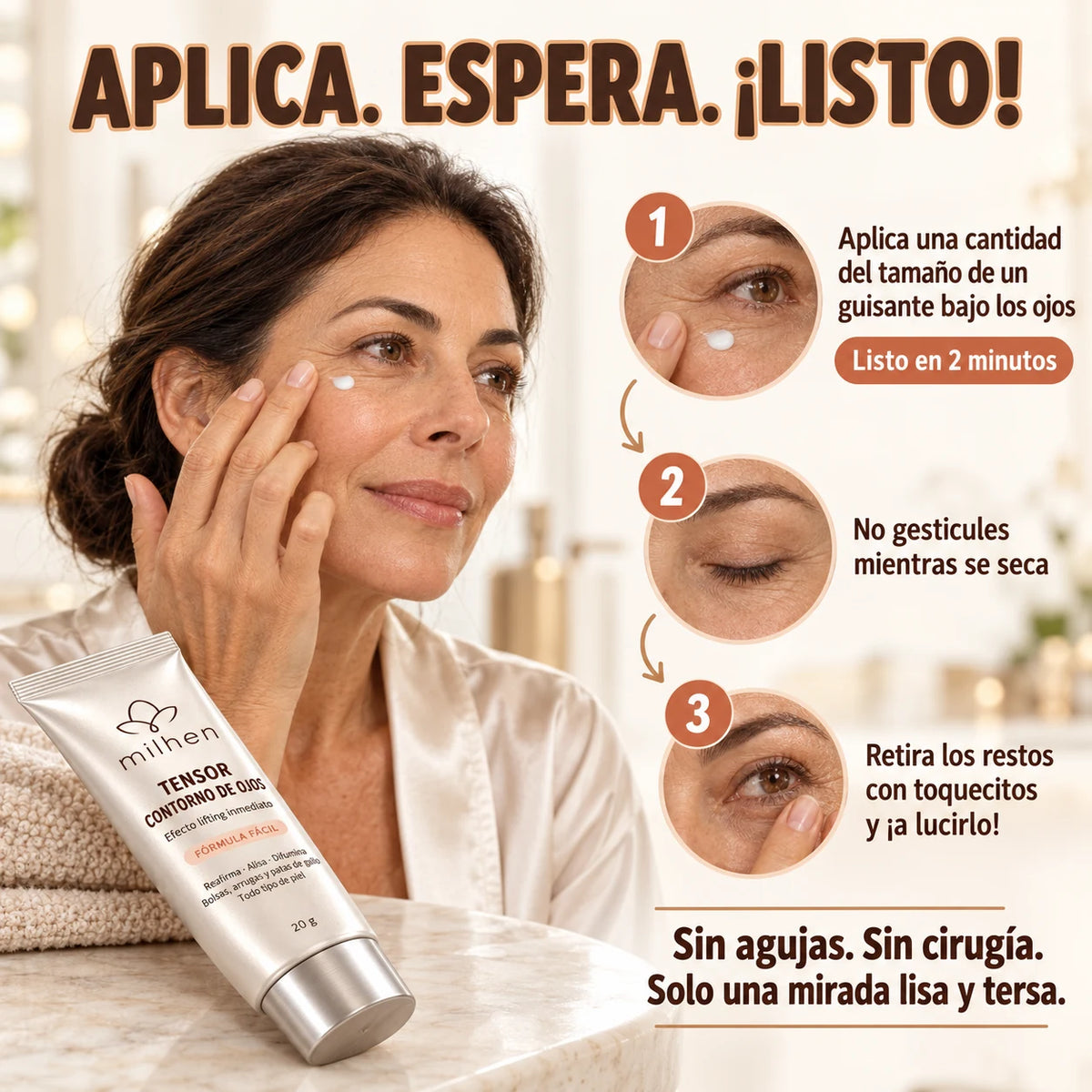 Cómo aplicar el Tensor Contorno de Ojos Milhen en 3 pasos