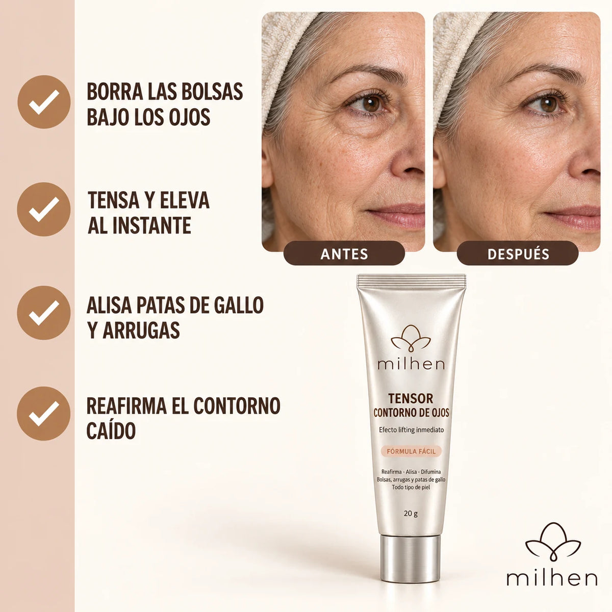 Beneficios del Tensor Contorno de Ojos: bolsas, patas de gallo y arrugas