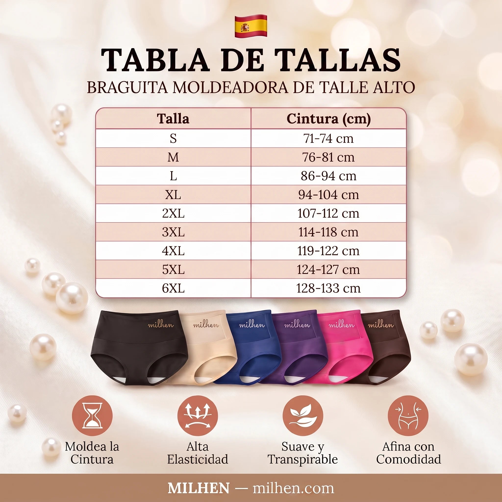 Tabla de tallas de la braguita moldeadora de talle alto Milhen, de la S a la 6XL