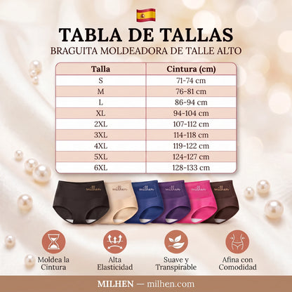Tabla de tallas de la braguita moldeadora de talle alto Milhen, de la S a la 6XL