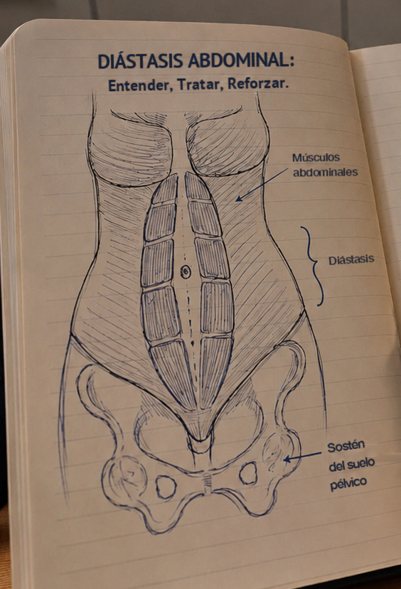 Cuaderno de consulta con un esquema de diástasis abdominal
