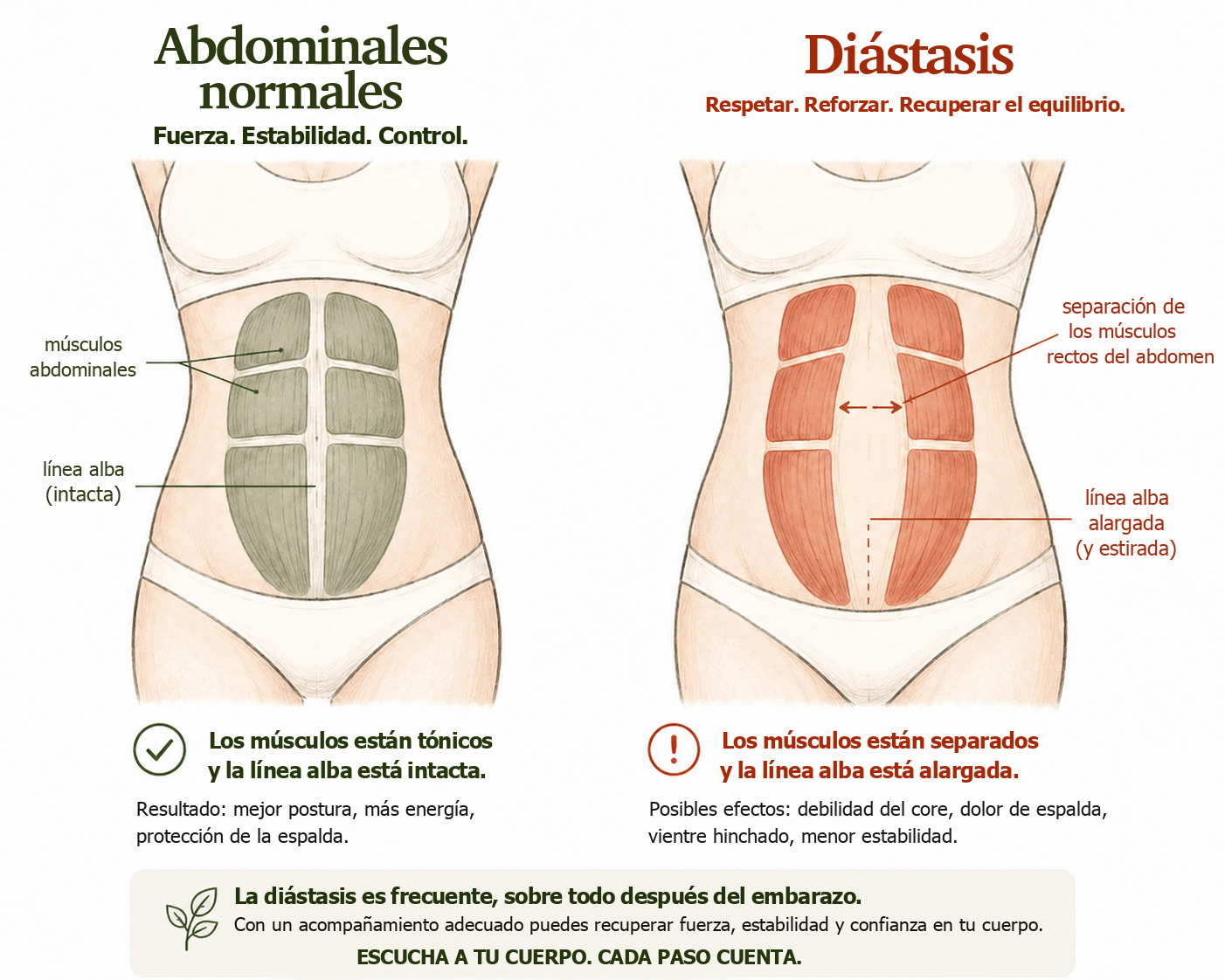 Abdominales normales y diástasis, comparación anatómica