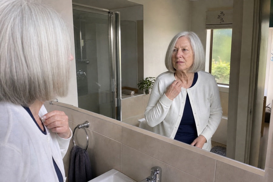 Mujer mirándose en el espejo del baño