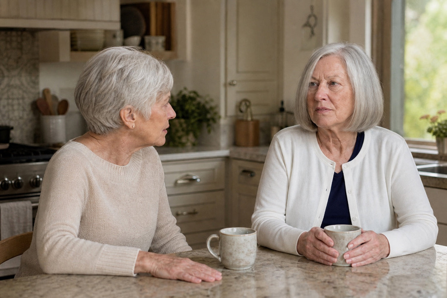 Dos amigas hablando con café en la cocina
