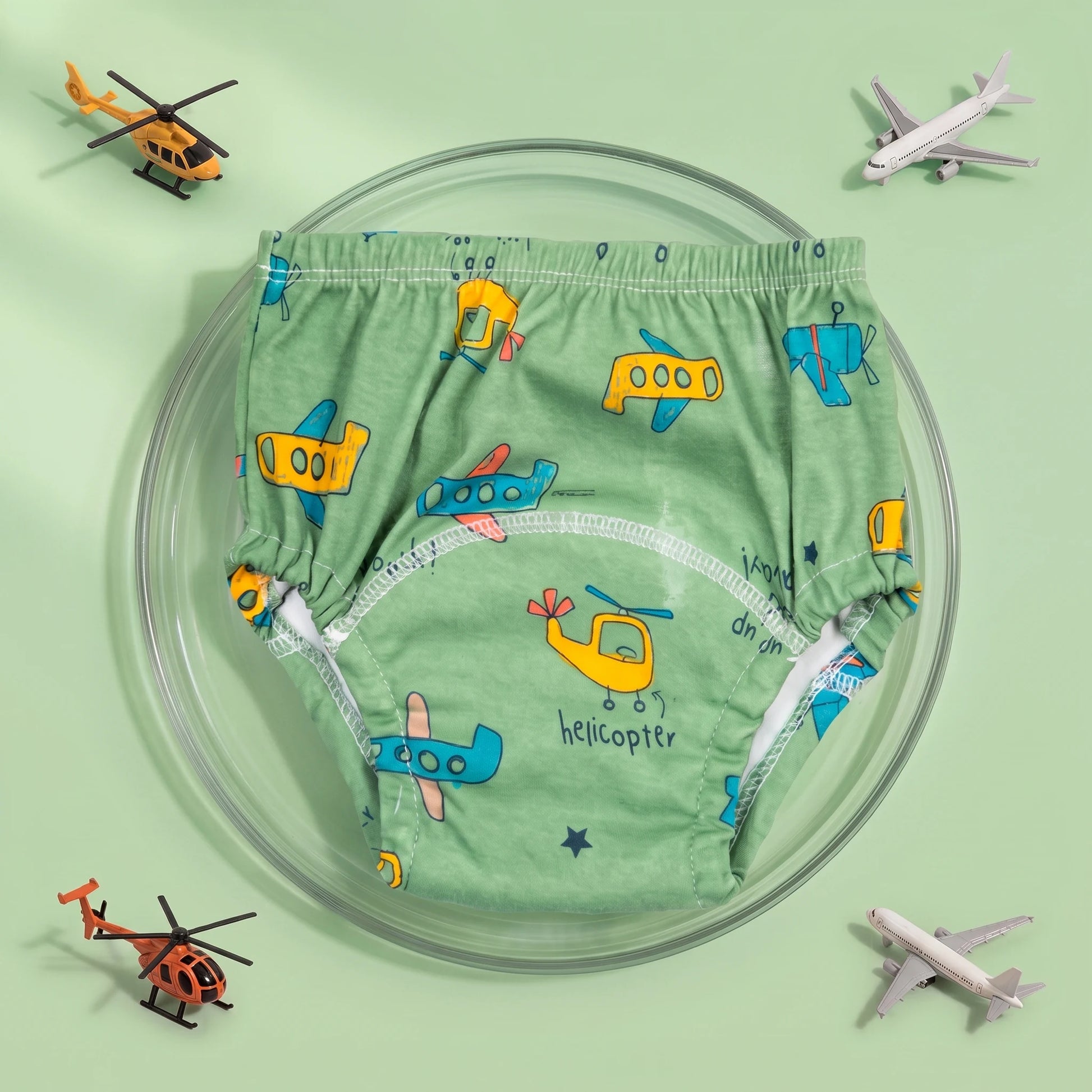Braguita de aprendizaje Milhen verde con estampado de aviones y helicópteros