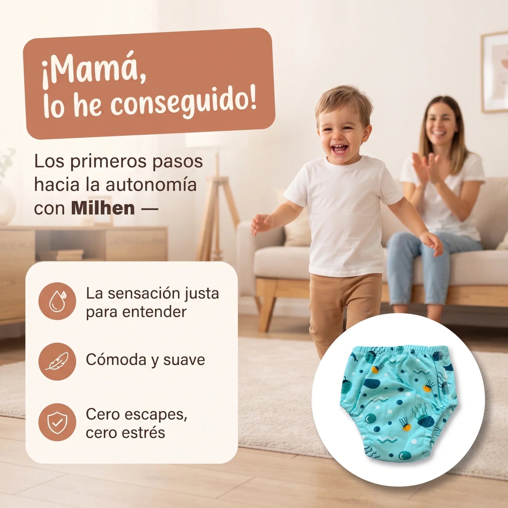 Niño dando sus primeros pasos hacia la autonomía con la braguita de aprendizaje Milhen