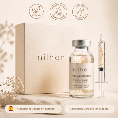 Ampolla de Colágeno Milhen con jeringa cosmética y caja – sérum coreano con filamentos dorados de péptidos de seda