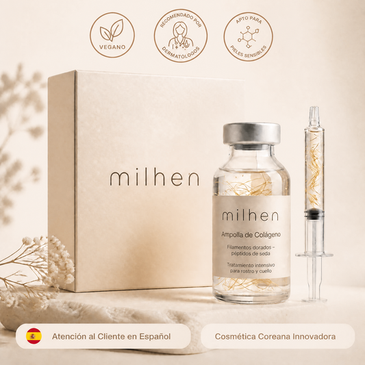 Ampolla de Colágeno Milhen con jeringa cosmética y caja – sérum coreano con filamentos dorados de péptidos de seda