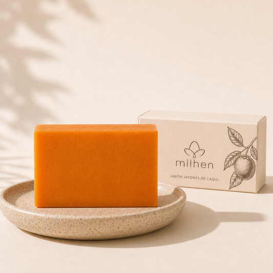 Jabón de Caqui Milhen sobre plato de cerámica con su caja
