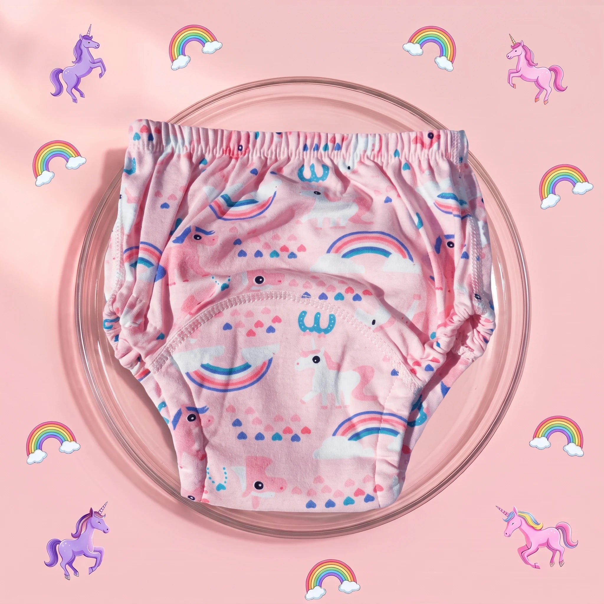 Braguita de aprendizaje Milhen rosa con estampado de unicornios y arcoíris